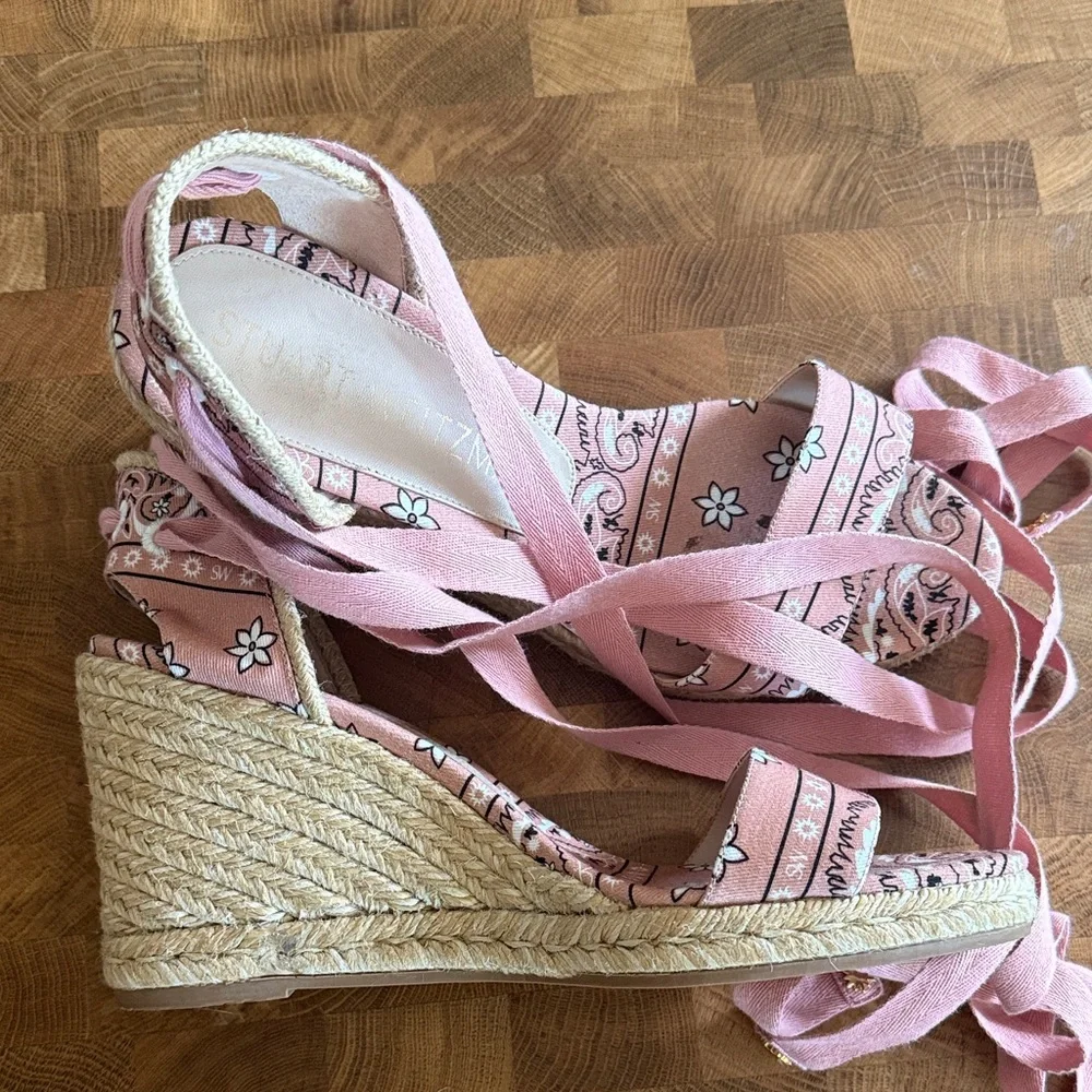 Stuart Weitzman Pink Paisley Espadrille Wedge Sandals